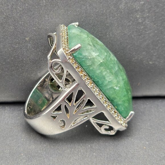 Sterling & Tourmaline Ring Size 6 Quartz Accents Ornate Cutouts 13.4g Signed QJ - Picture 3 of 14